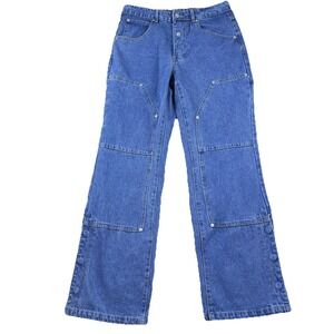Mens Denim Cargo Jeans Blue Medium Wide Leg‎ Snaps Streetwear Utility Y2K Skater